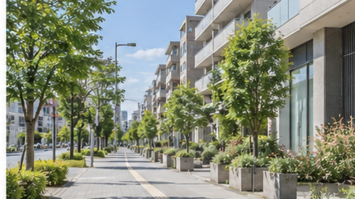 並木と集合住宅が続く歩道のイメージ