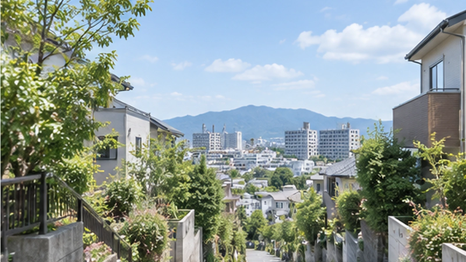 緑のある坂道と住宅街、遠景の山並みのイメージ