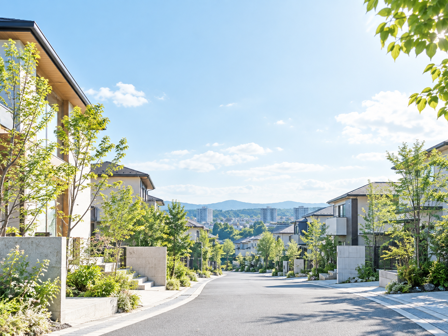 緑のある住宅街と購入後の暮らしのイメージ